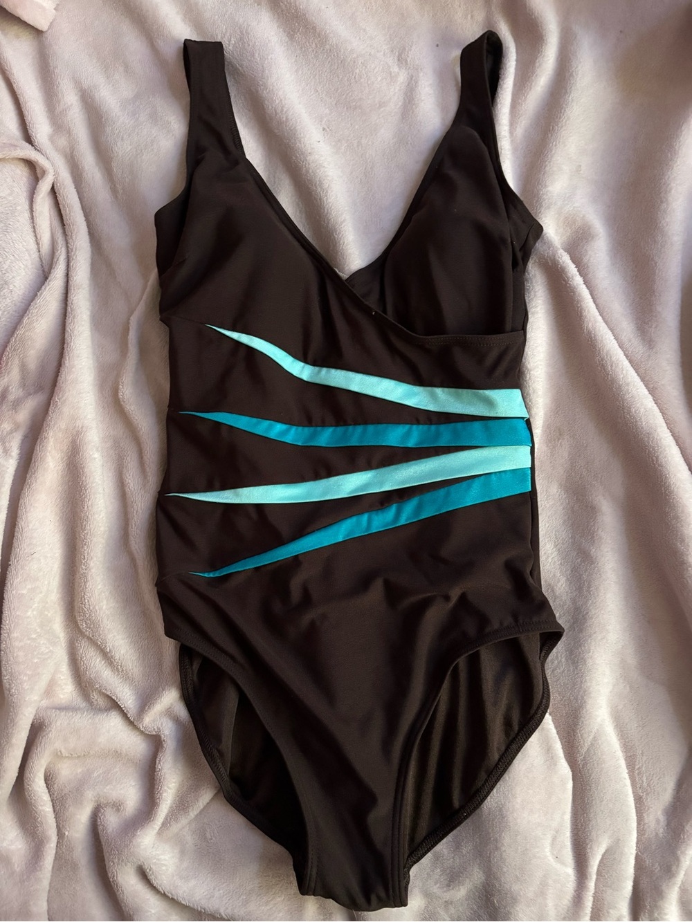 Brown One-Piece Swimsuit with Teal Accent Stripes